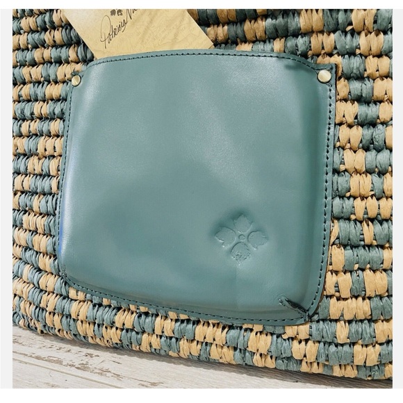 Patricia Nash Leather Turquoise Blue and Tan Straw Woven Tote - Picture 3 of 11